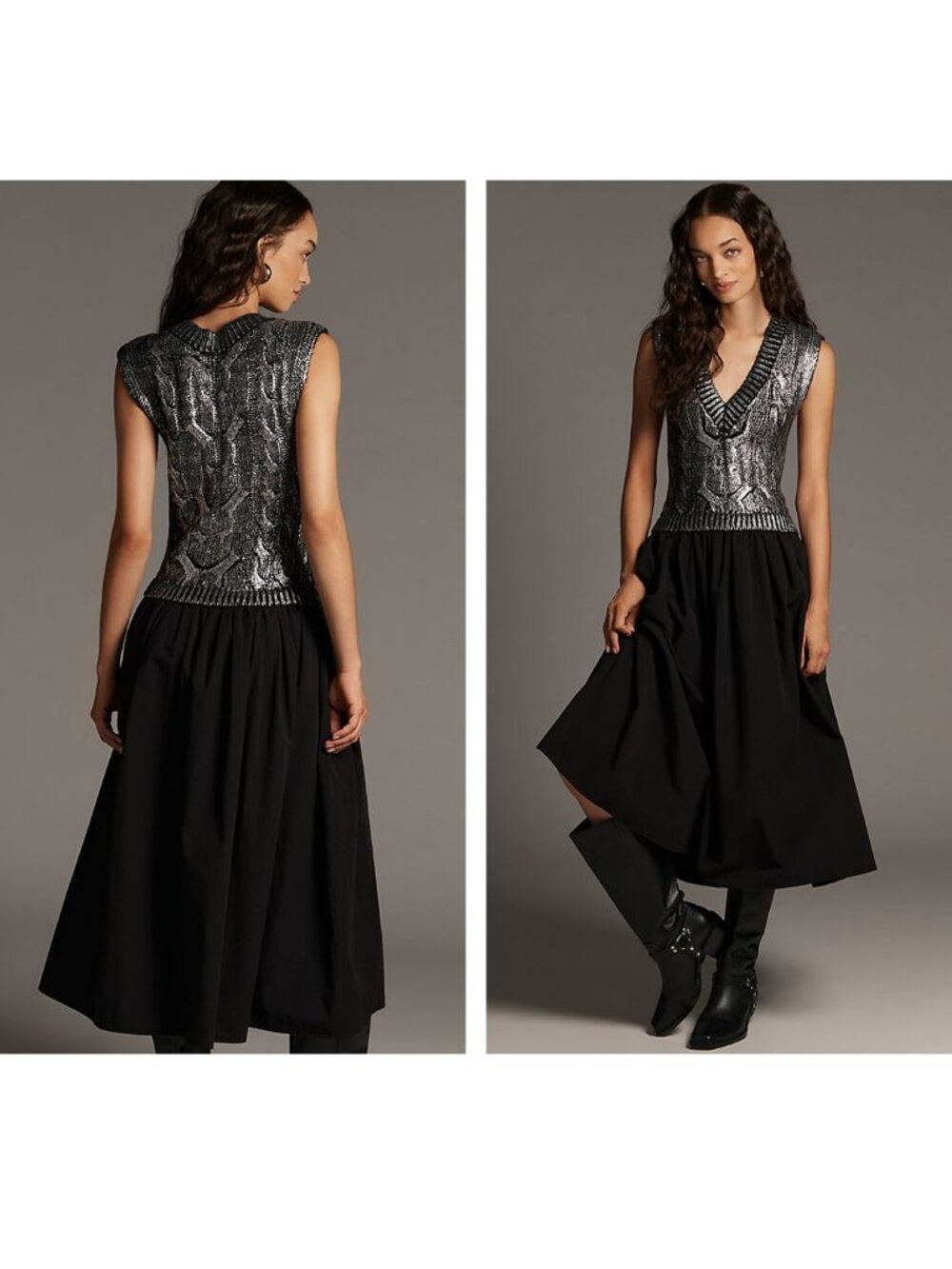 ANTHROPOLOGIE Pilcro Sleeveless V-Neck Foil Twofer Midi Dress